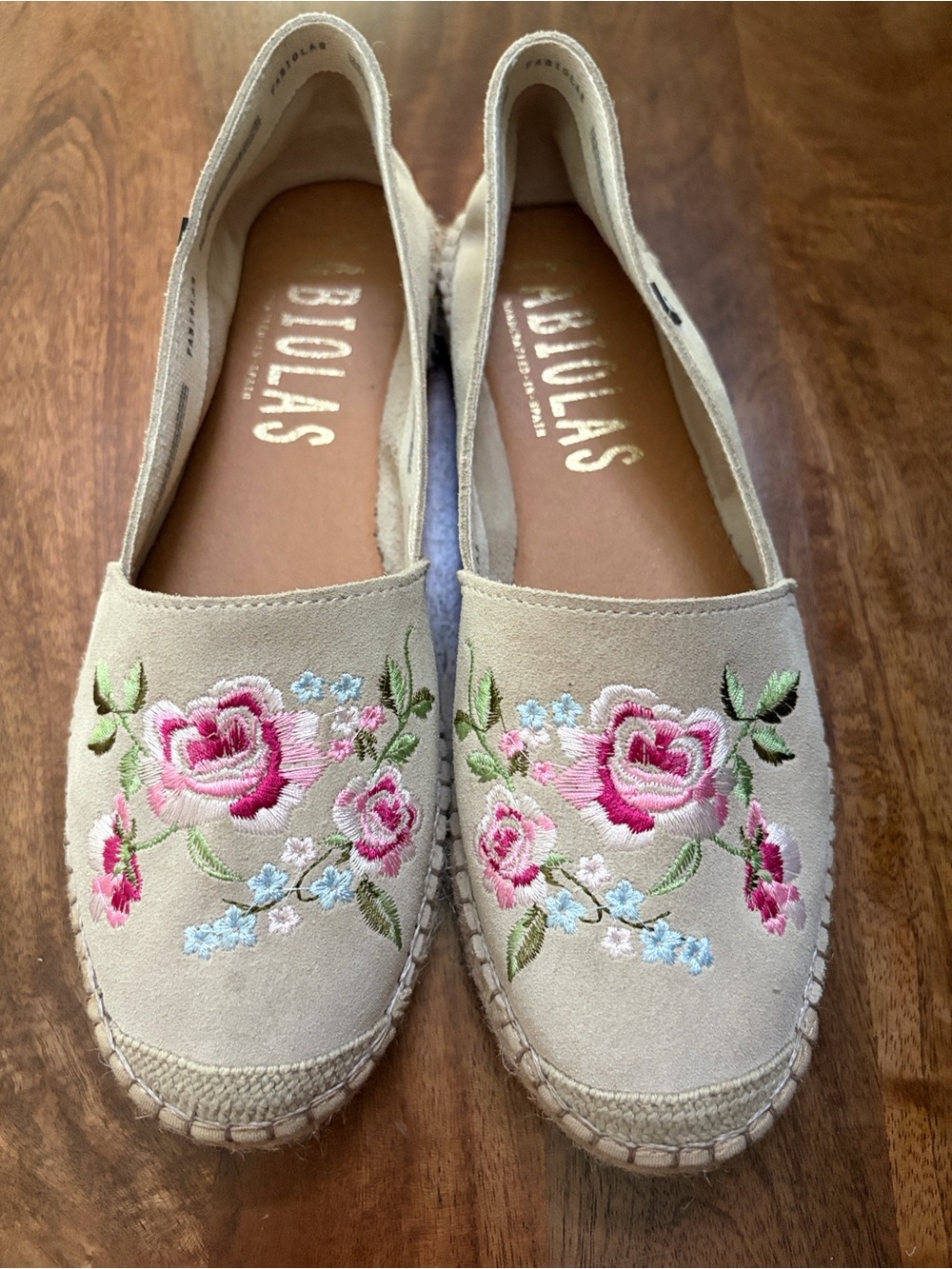 Fabiola Beige Suede Espadrilles with Pink Floral Embroidery Size 38